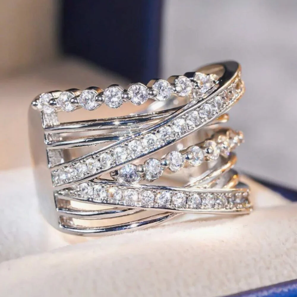 NEW 18k White Gold Diamond Ring Layer Wide Ring Band_3